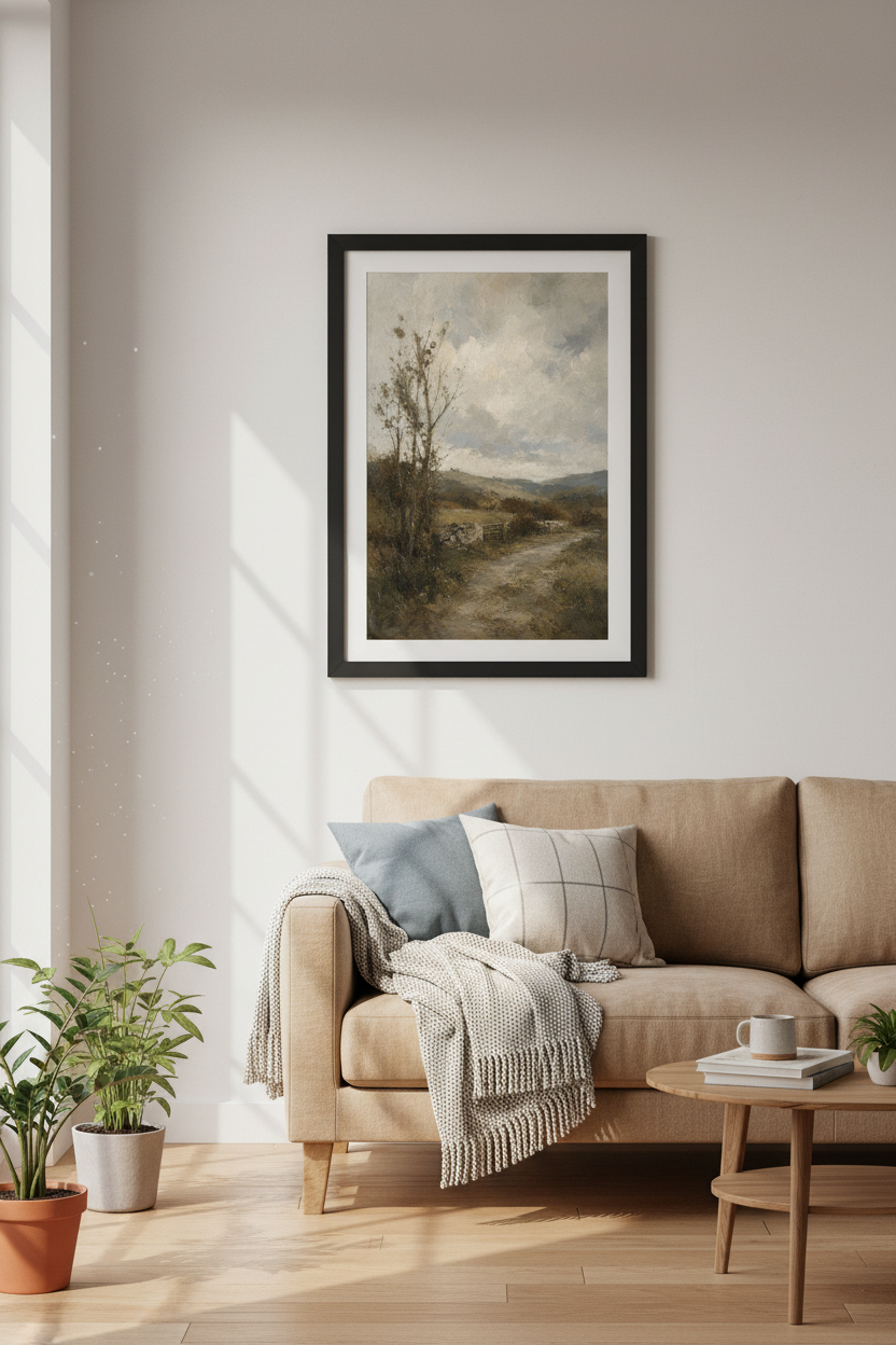 Vintage Landscape Oil Painting | Moody Earth Tones, Country Path Farmhouse Wall Art