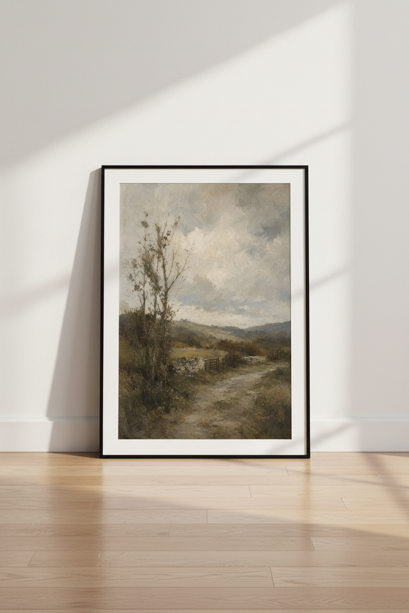 Vintage Landscape Oil Painting | Moody Earth Tones, Country Path Farmhouse Wall Art