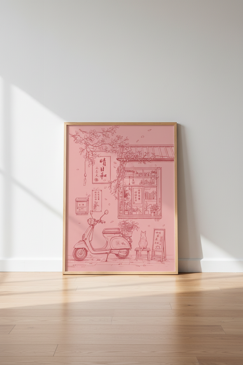 Japanese Street Scene Art | Pink Aesthetic Cat & Scooter, Minimalist Dorm Decor
