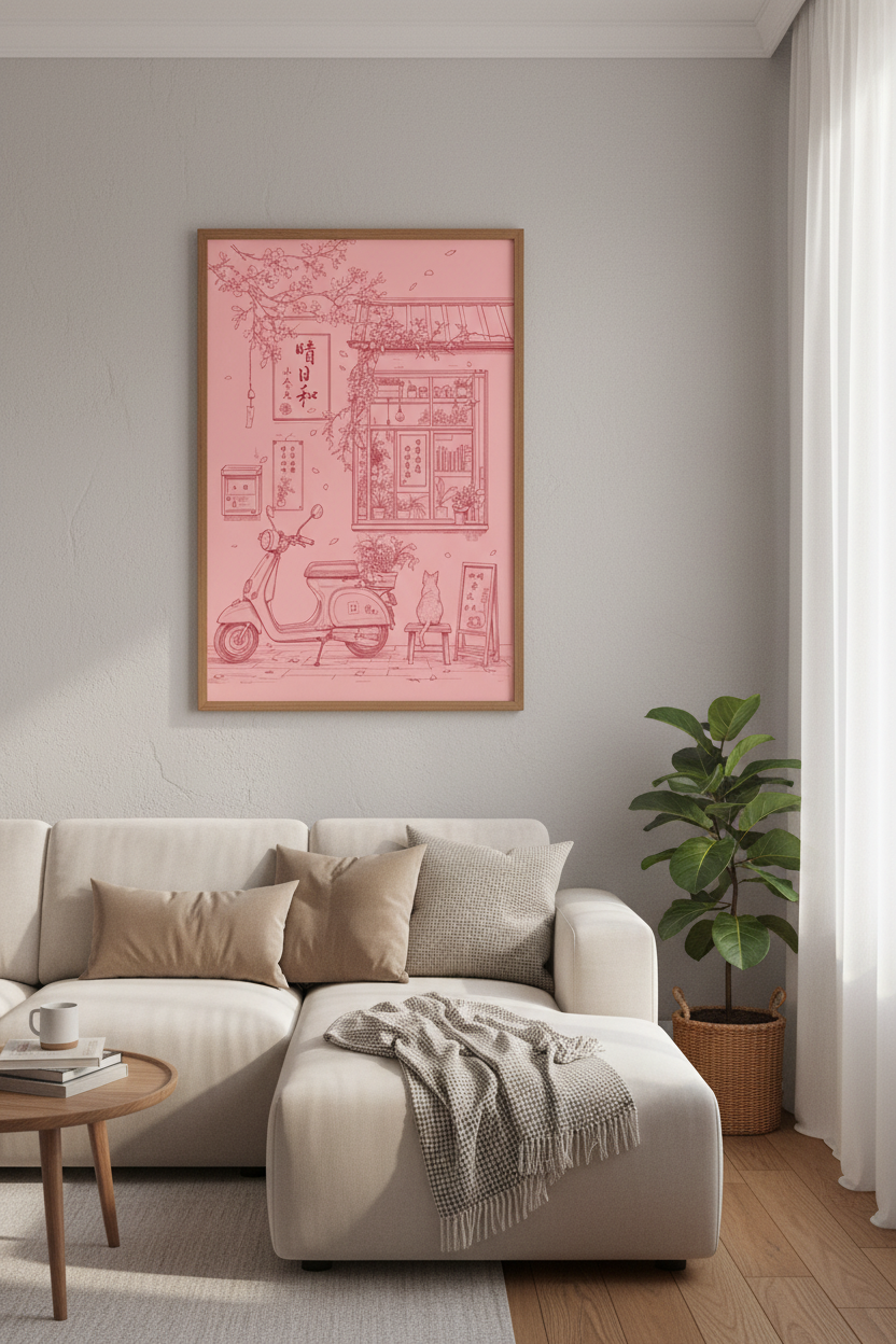 Japanese Street Scene Art | Pink Aesthetic Cat & Scooter, Minimalist Dorm Decor