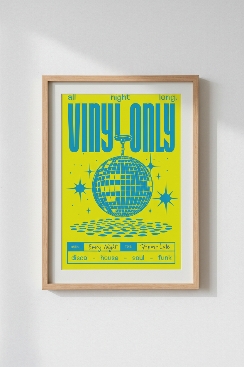 Vinyl Only Disco Ball Art Print | Music Room Decor | Retro Neon Poster