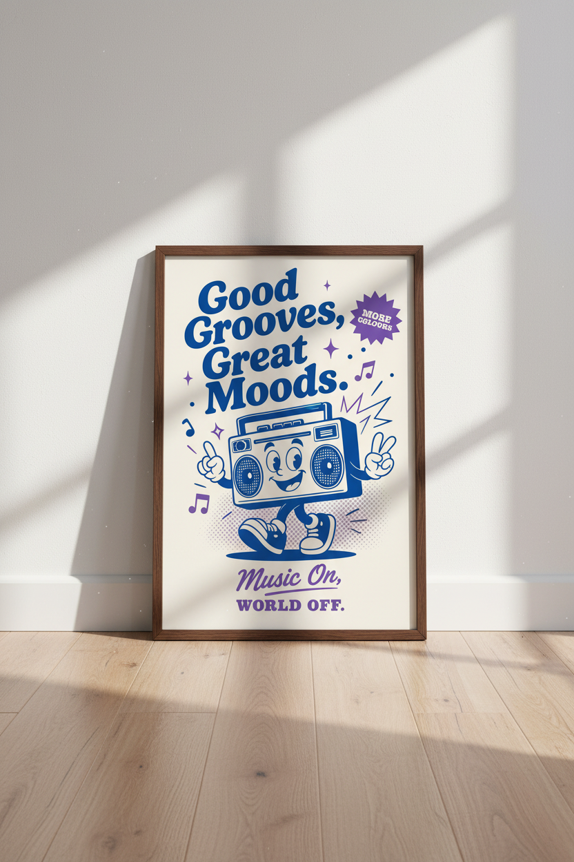 Retro Boombox Wall Art | Blue Cartoon Music Poster | Fun Dorm Room Decor