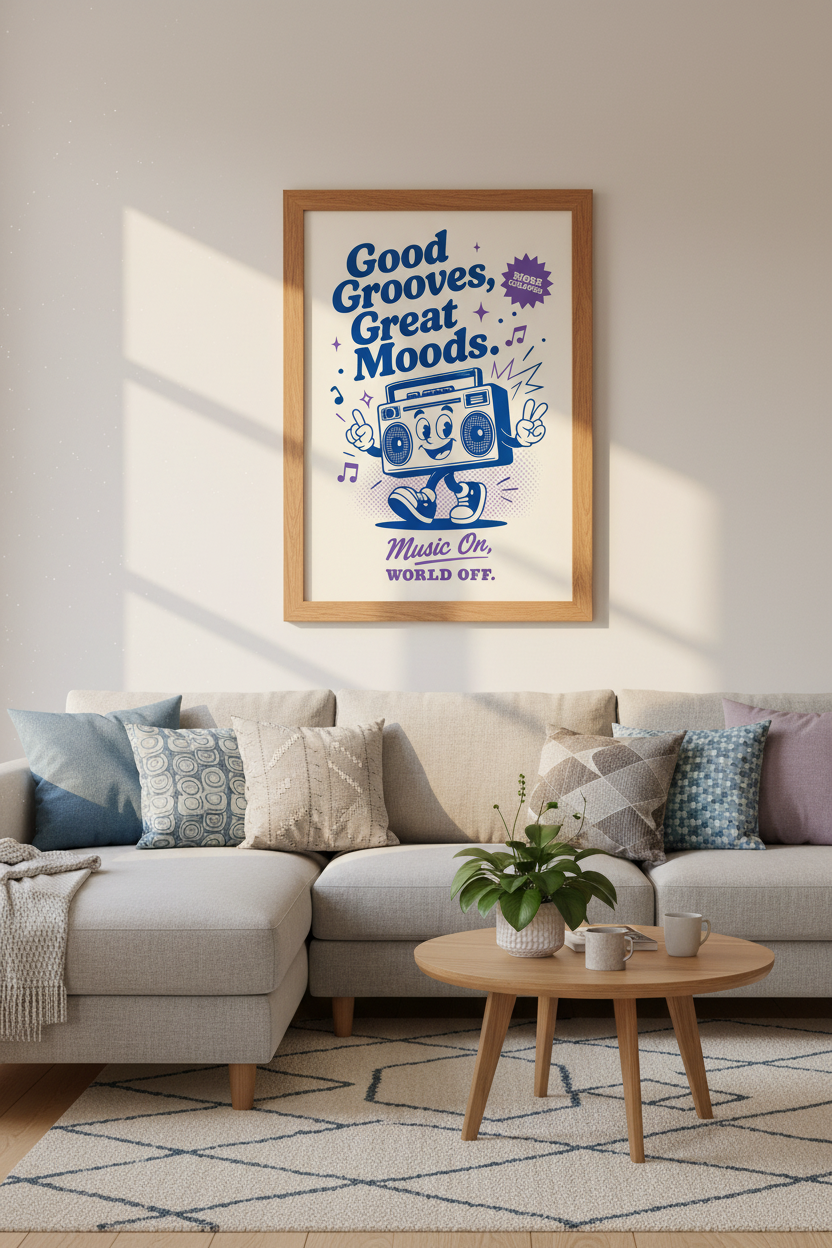 Retro Boombox Wall Art | Blue Cartoon Music Poster | Fun Dorm Room Decor