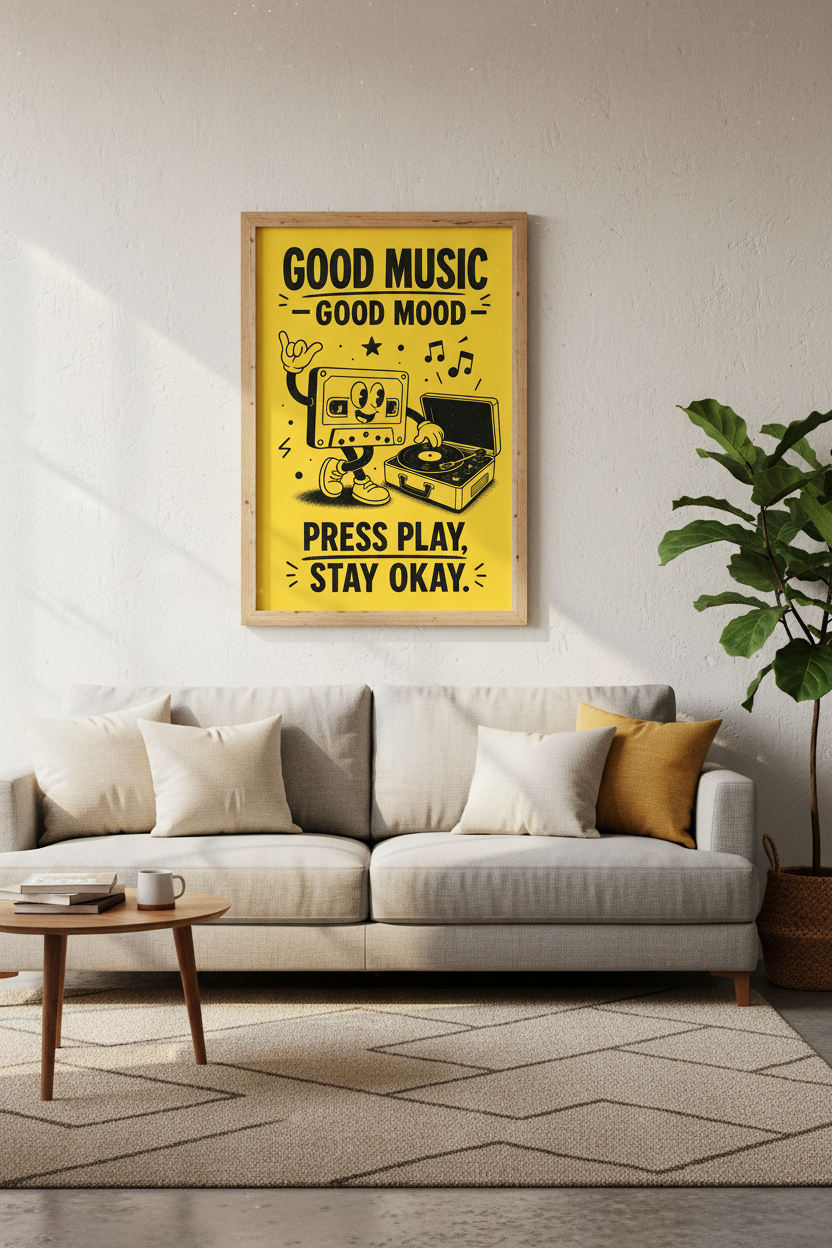 Retro Cassette DJ Art Print | Music Room Decor | Yellow Aesthetic Poster