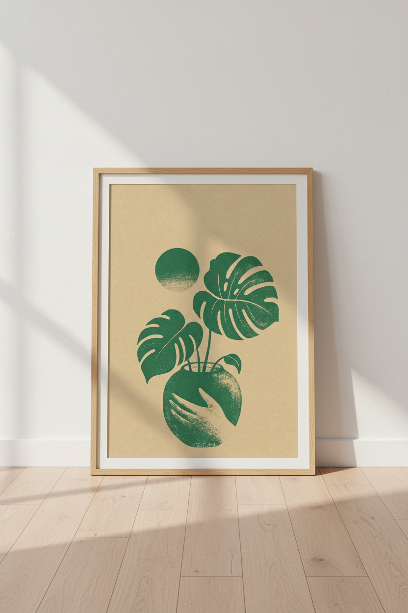 Monstera Deliciosa | Green Minimalist Botanical Print, Boho Living Room Decor