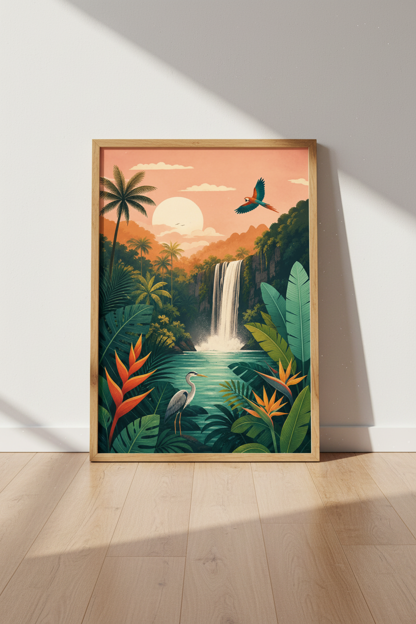 Tropical Waterfall Landscape Print | Jungle Sunset Decor, Colorful Nature Wall Art