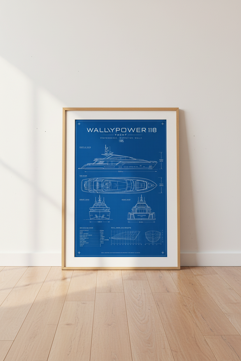 Wallypower 118 Yacht Blueprint Wall Art | Office Decor | Modern Nautical Poster