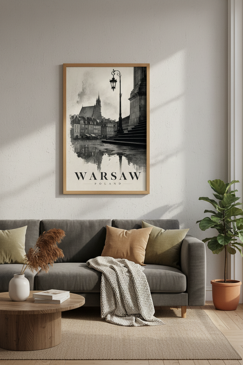 Warsaw Poland Vintage Travel Poster | Black and White Architecture, Office Wall Art