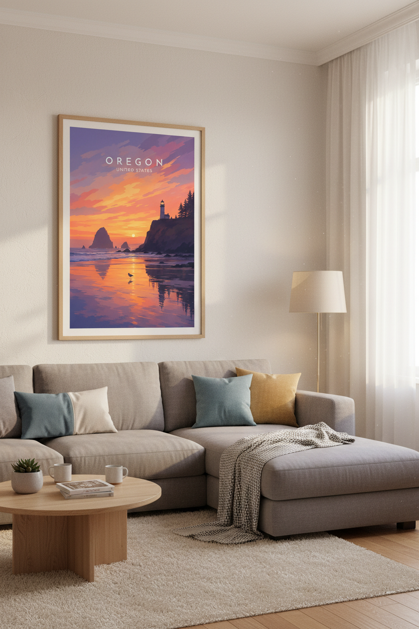 Oregon Coast Lighthouse Wall Art | Sunset Beach Print, Pacific Northwest Decor