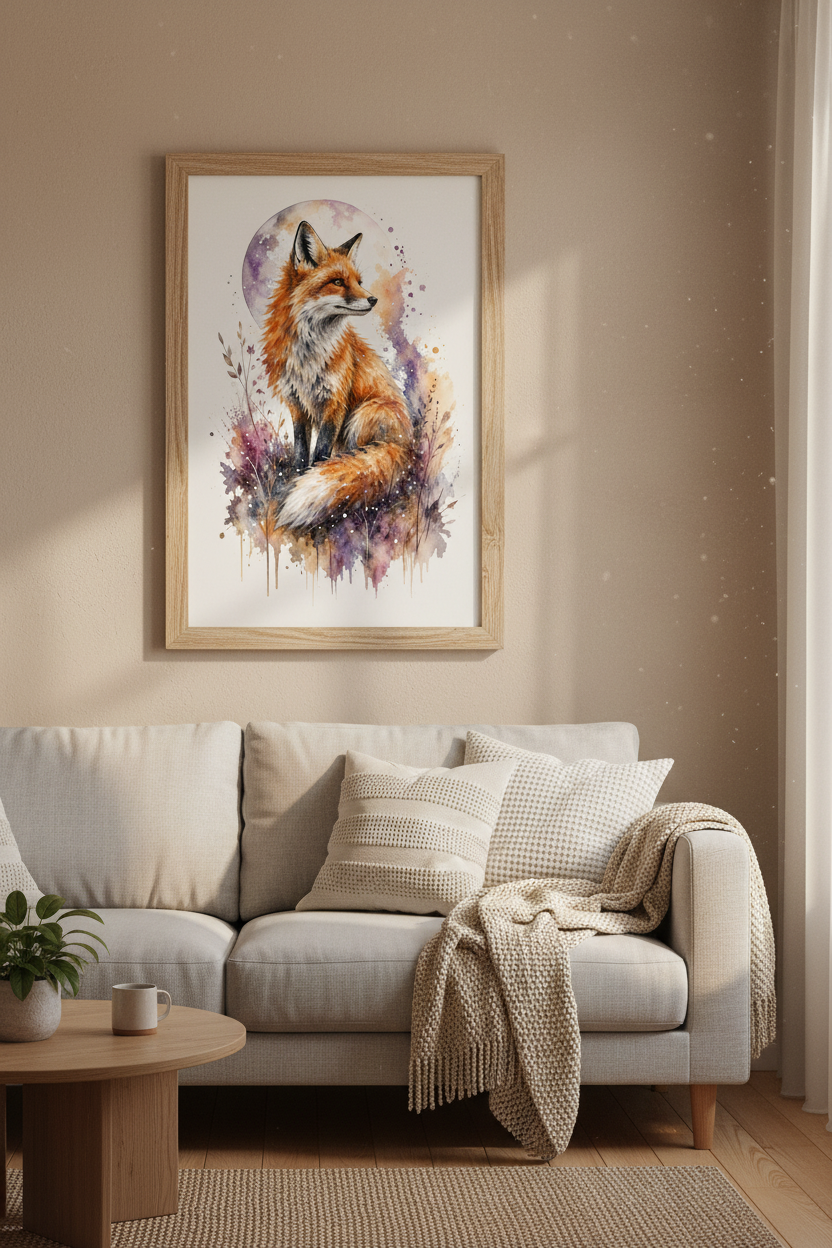 Watercolour Fox Wall Art | Purple Moon Woodland Decor | Whimsical Animal Poster