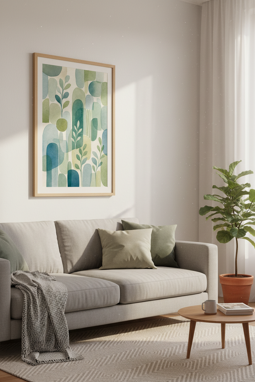Abstract Botanical Watercolor Shapes | Sage & Teal Wall Art, Modern Living Room Decor