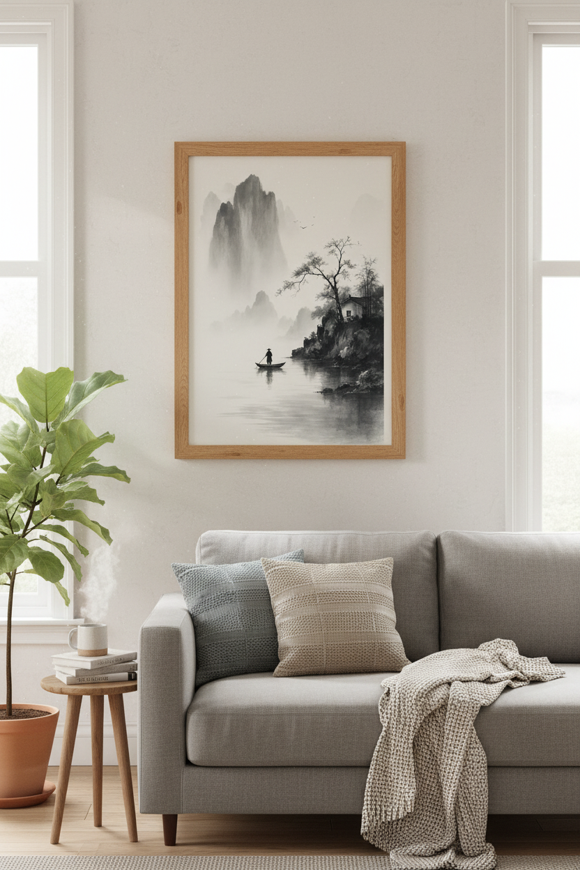 Japanese Ink Wash Landscape Art | Zen Misty Mountain Print, Minimalist Japandi Decor