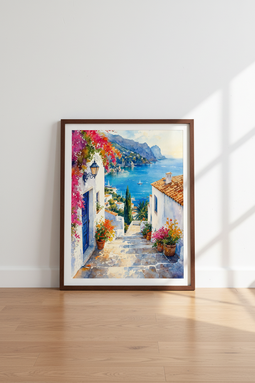Mediterranean Village Watercolor Print | Coastal Wall Art | Blue Greece Poster