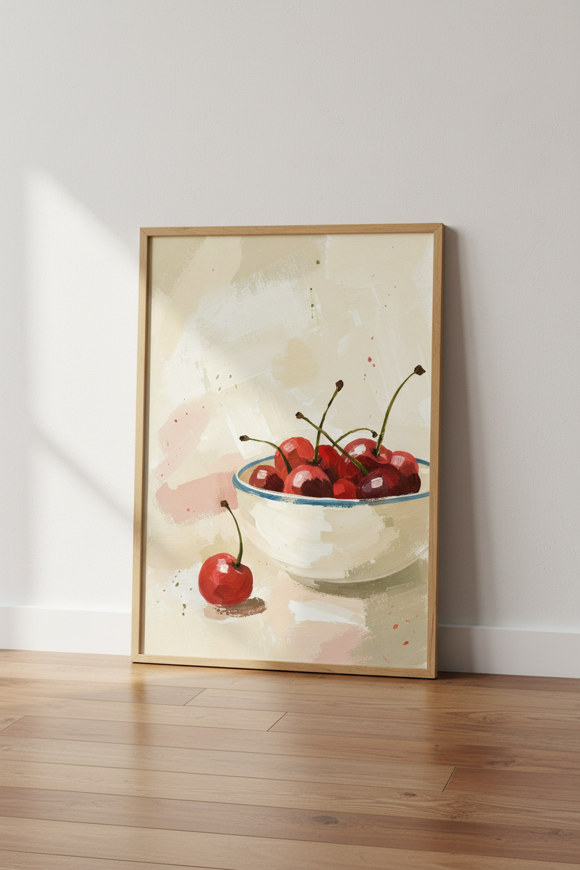 Red Cherry Bowl Oil Painting | Kitchen Wall Art Print, Impressionist Fruit Decor