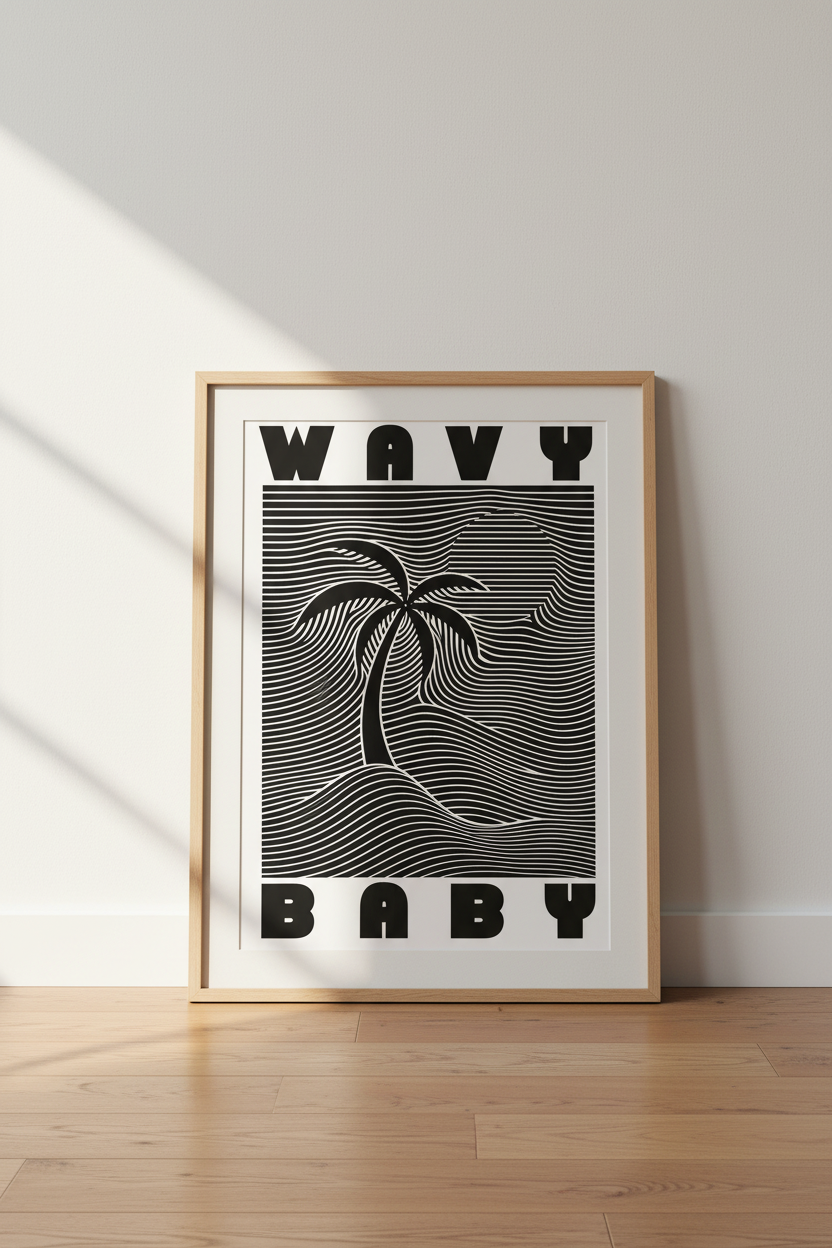 Wavy Baby Palm Tree Art | Black and White Retro Minimalist, Modern Living Room Decor
