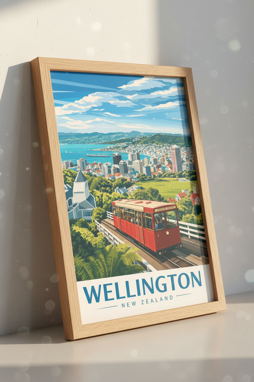 Wellington New Zealand Travel Poster | Retro Cable Car Wall Art Print | Coastal City Decor