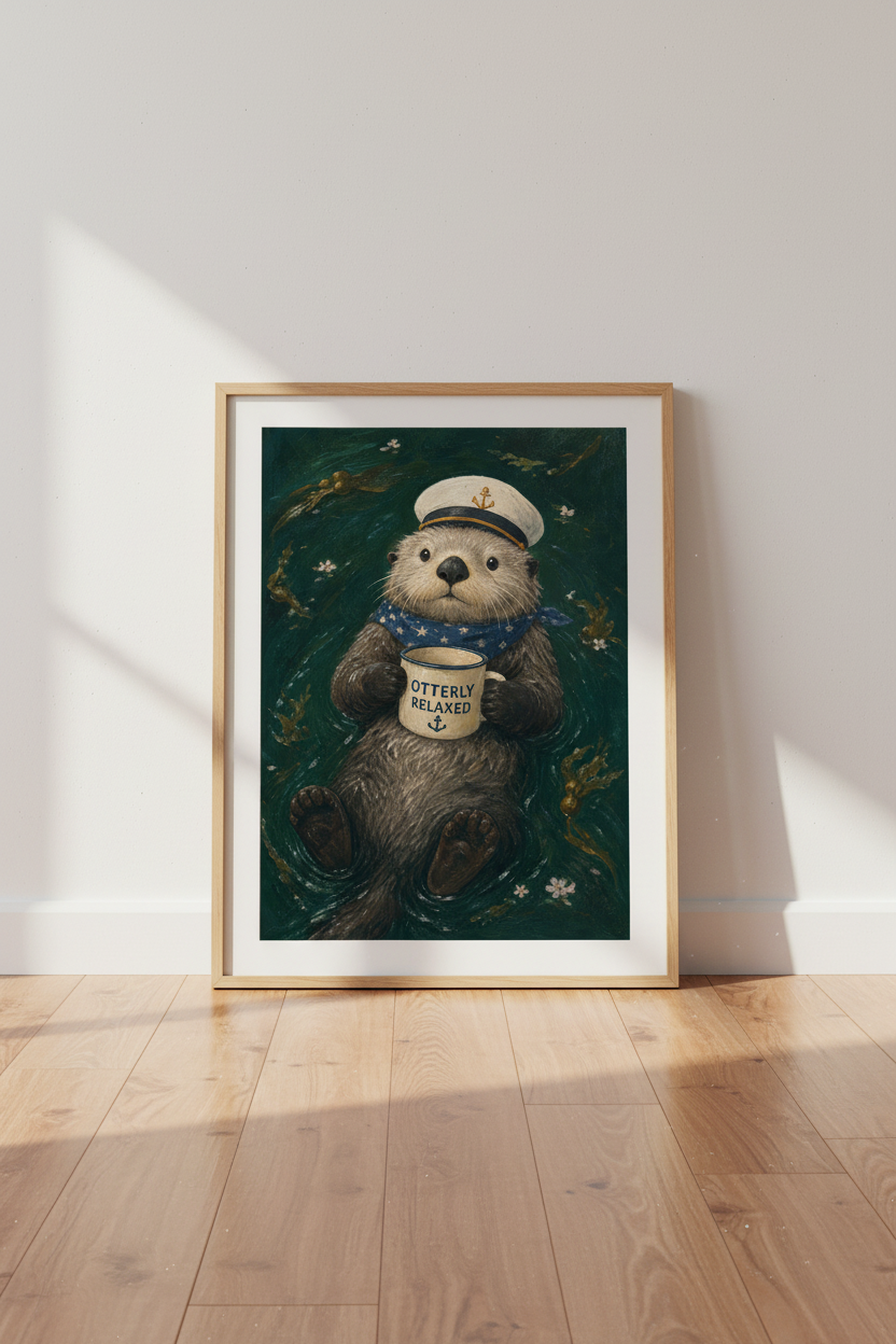 Nautical Otter Art Print | Coastal Nursery Decor | Whimsical Sea Captain Poster