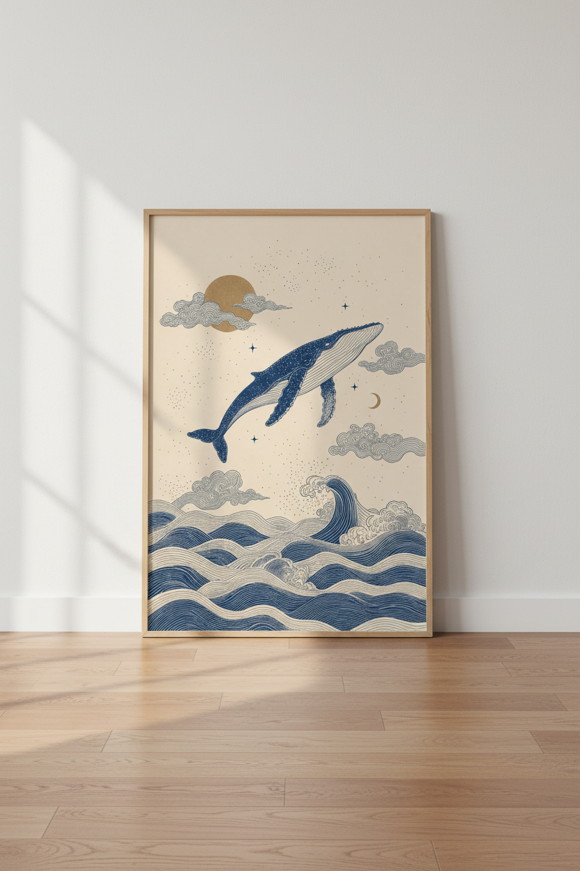 Celestial Whale Wall Art | Indigo Blue Ocean Waves, Starry Sky Nursery Decor