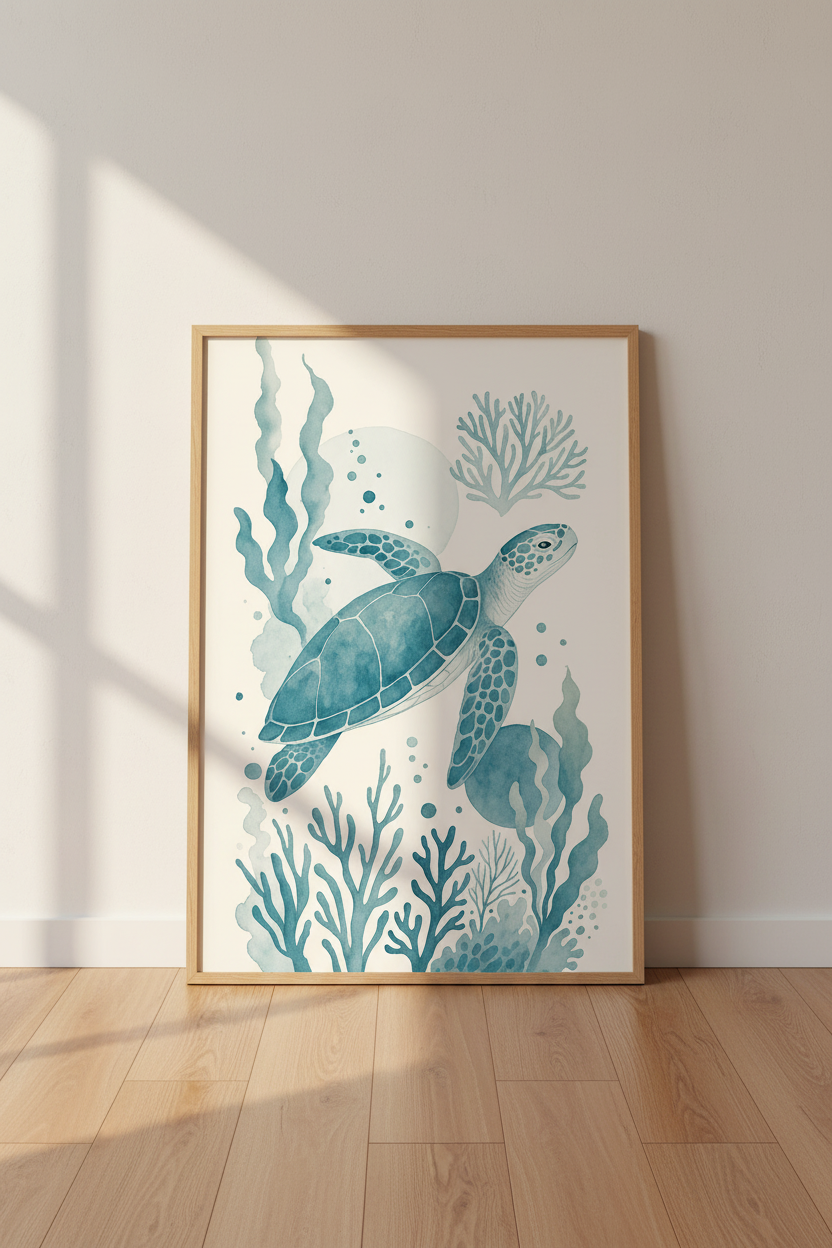 Watercolor Sea Turtle Wall Art | Teal Coastal Nursery Decor | Ocean Life Poster