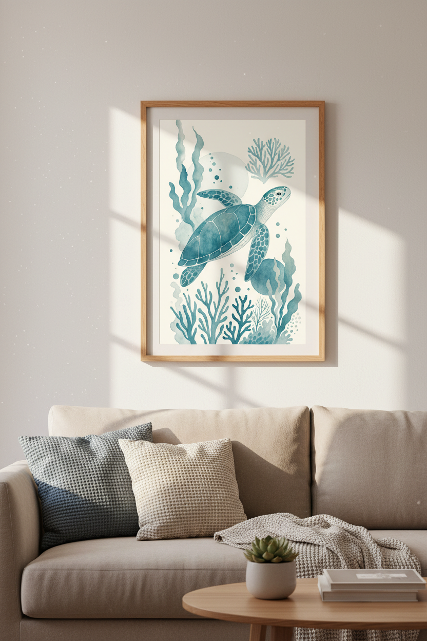 Watercolor Sea Turtle Wall Art | Teal Coastal Nursery Decor | Ocean Life Poster