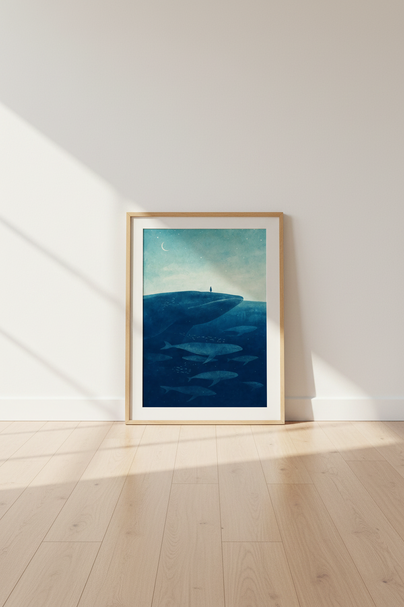 Surreal Whale Wall Art | Deep Blue Ocean Poster | Dreamy Nursery Decor