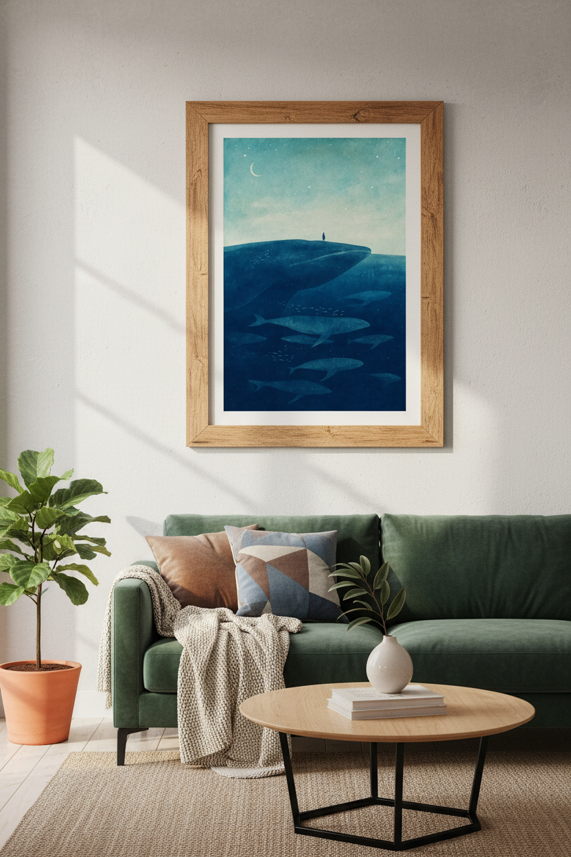 Surreal Whale Wall Art | Deep Blue Ocean Poster | Dreamy Nursery Decor