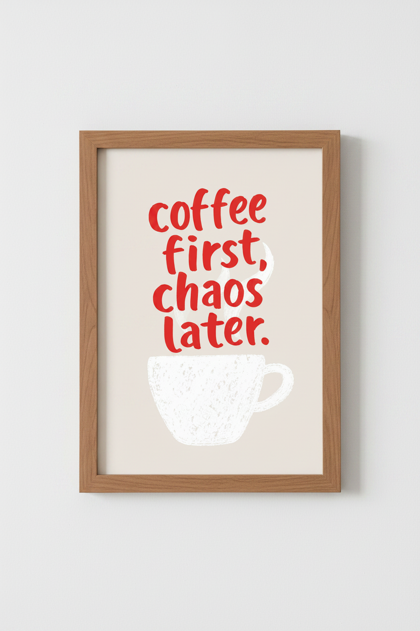 Coffee First Chaos Later Print | Modern Kitchen Wall Art | Minimalist Red Quote Poster