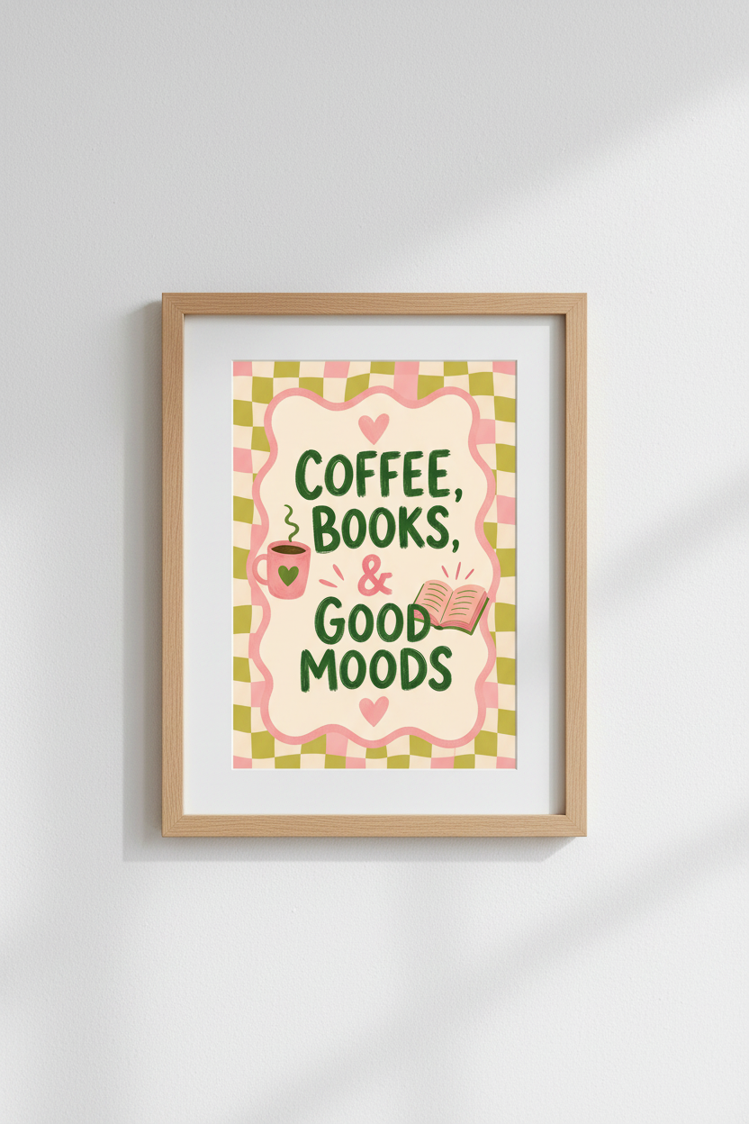 Retro Coffee and Books Poster | Pink and Green Pastel Wall Art | Kitchen & Nook Decor