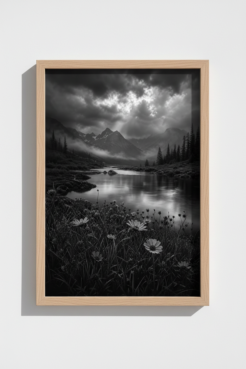 Dark Nature Landscape Print | Black and White Mountain Wall Art, Moody Lake Poster Decor