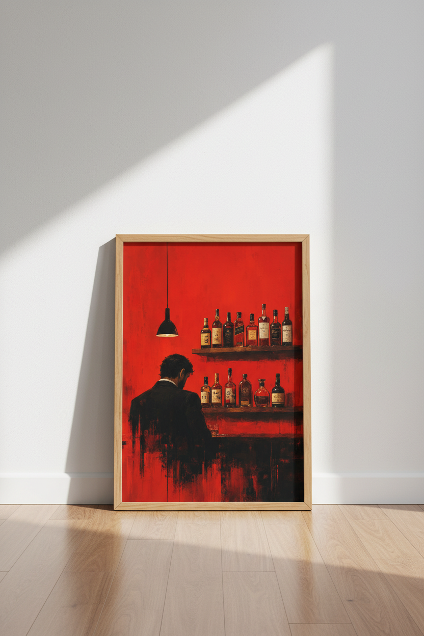 Whiskey Bar Wall Art | Moody Red Oil Painting Decor | Man Cave Poster