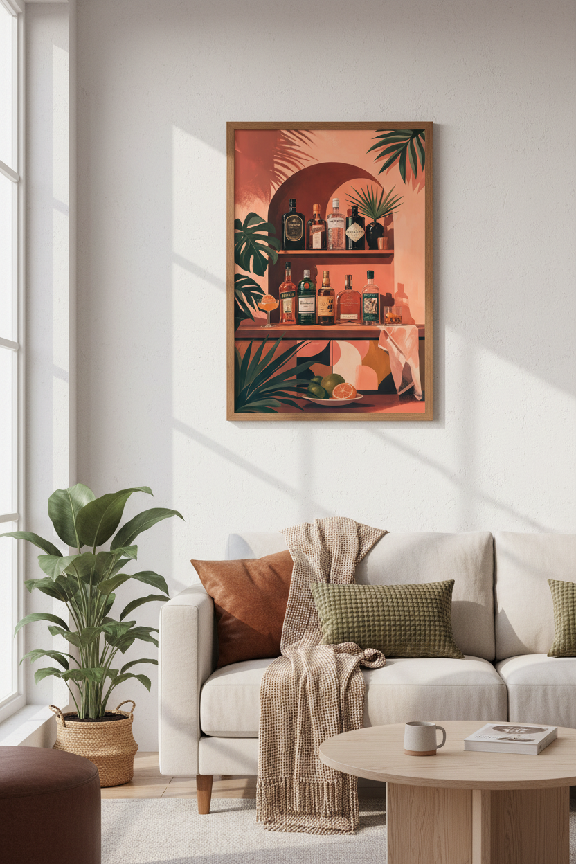 Bar Cart Spirits Wall Art | Tropical Botanical Poster | Terracotta Home Bar Decor