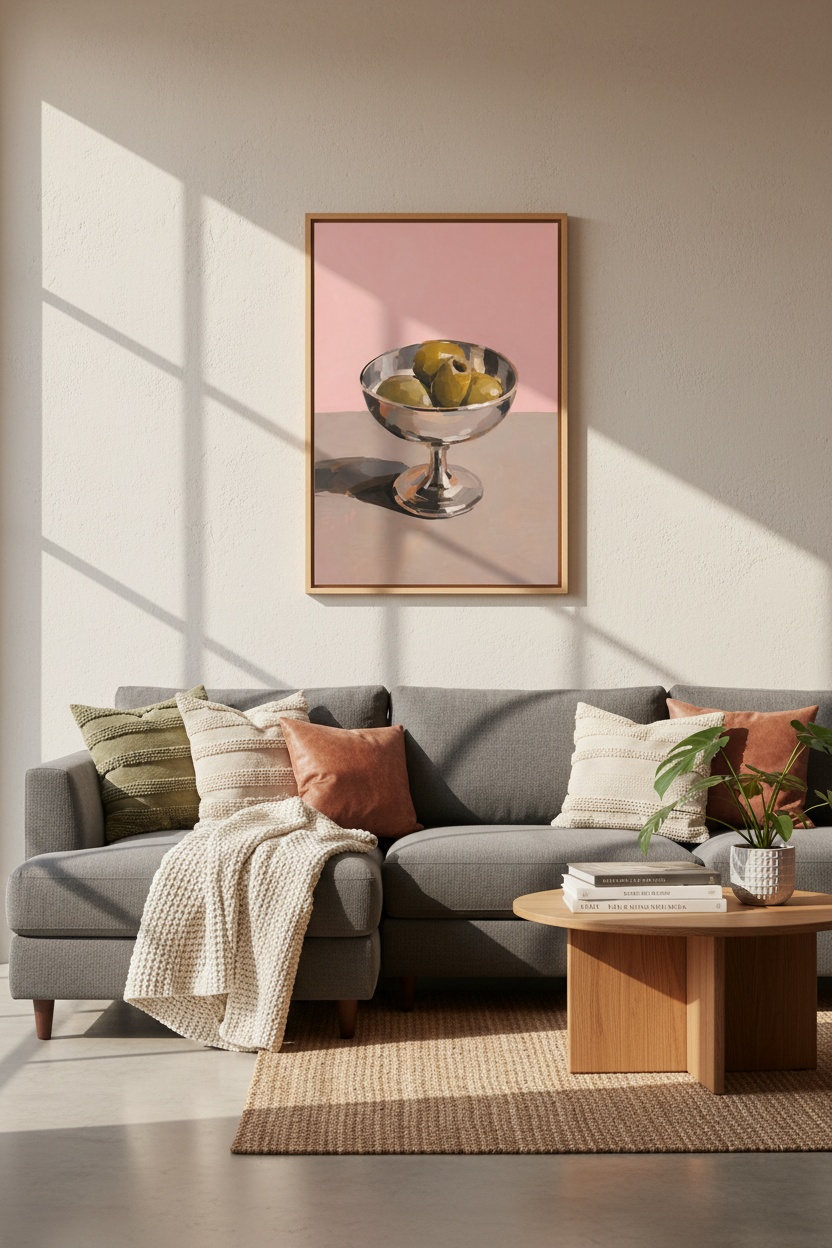 Olive Oil Painting Print | Modern Kitchen Wall Art | Pink Aesthetic Food Poster