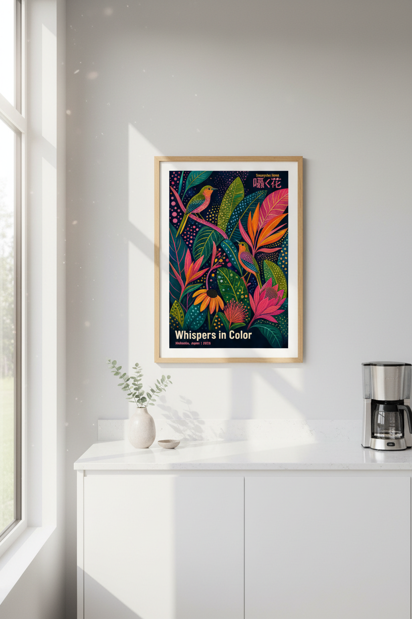 Tropical Wall Art | Colorful Japanese Botanical Print, Floral Bird Poster