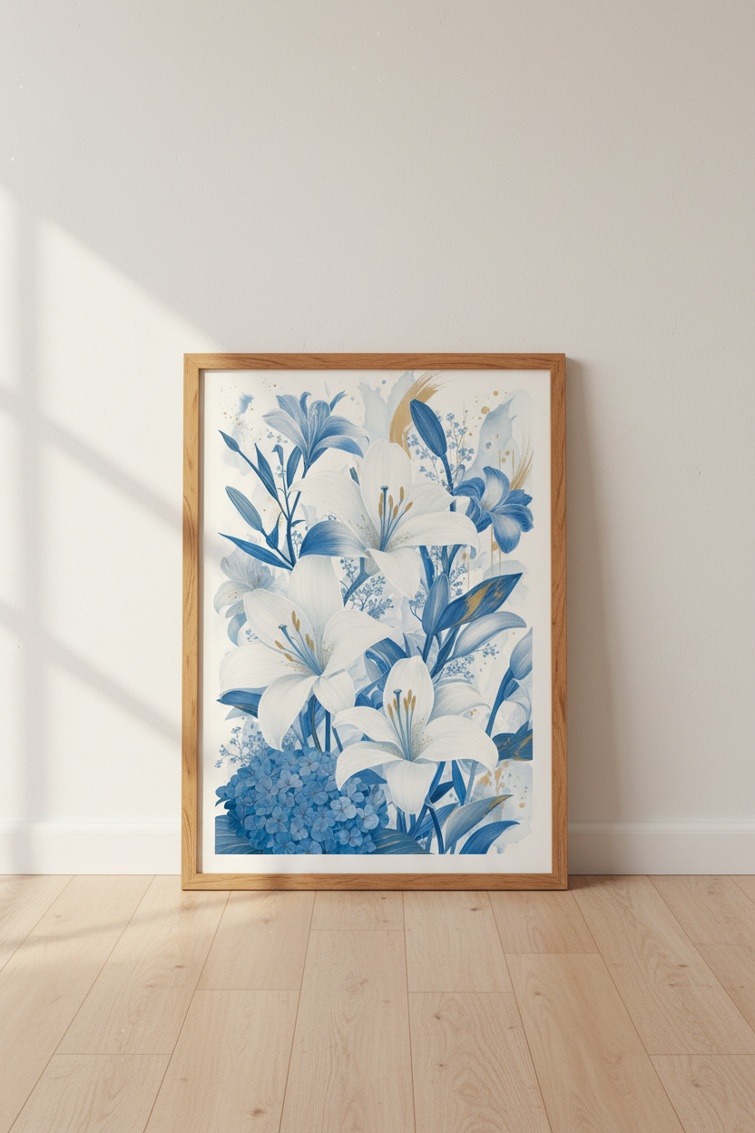 Blue Lily Floral Wall Art Print | Bedroom Decor | Modern Botanical Poster