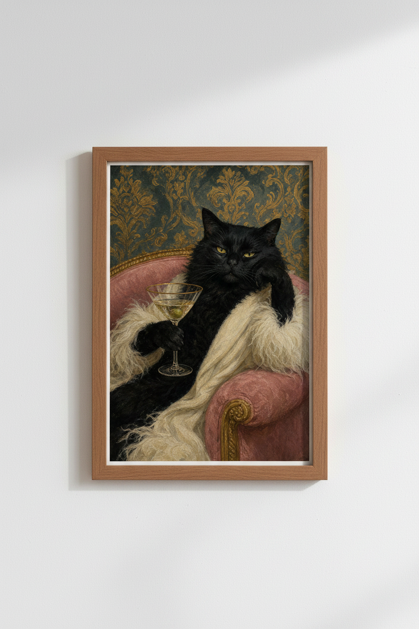 Maximalist Cat Art Print | Black Cat Martini Poster, Dark Academia Decor
