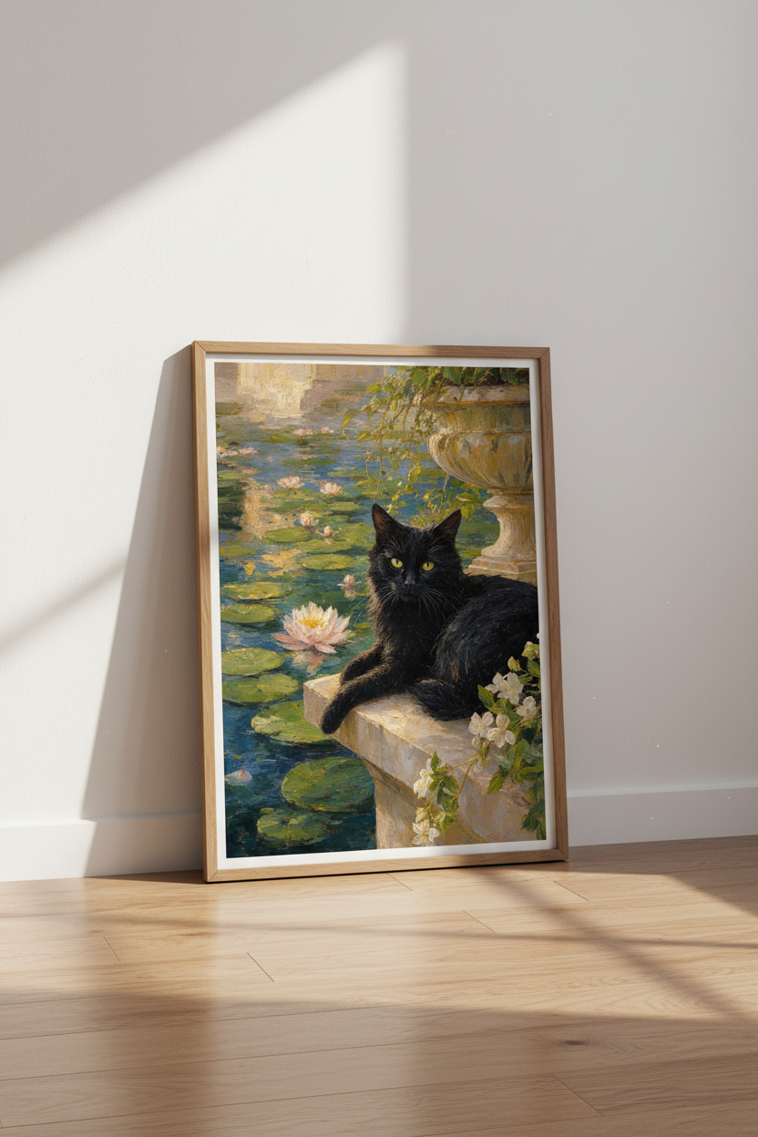 Black Cat Water Lily Pond Wall Art | Impressionist Garden Decor | Dark Aesthetic Poster