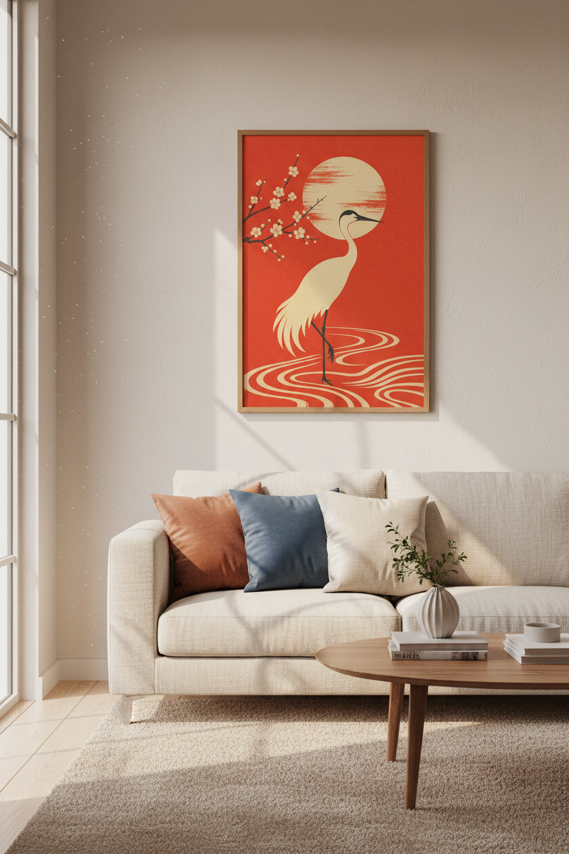 Japanese Crane Wall Art | Red Sun & Blossom Poster, Zen Home Decor