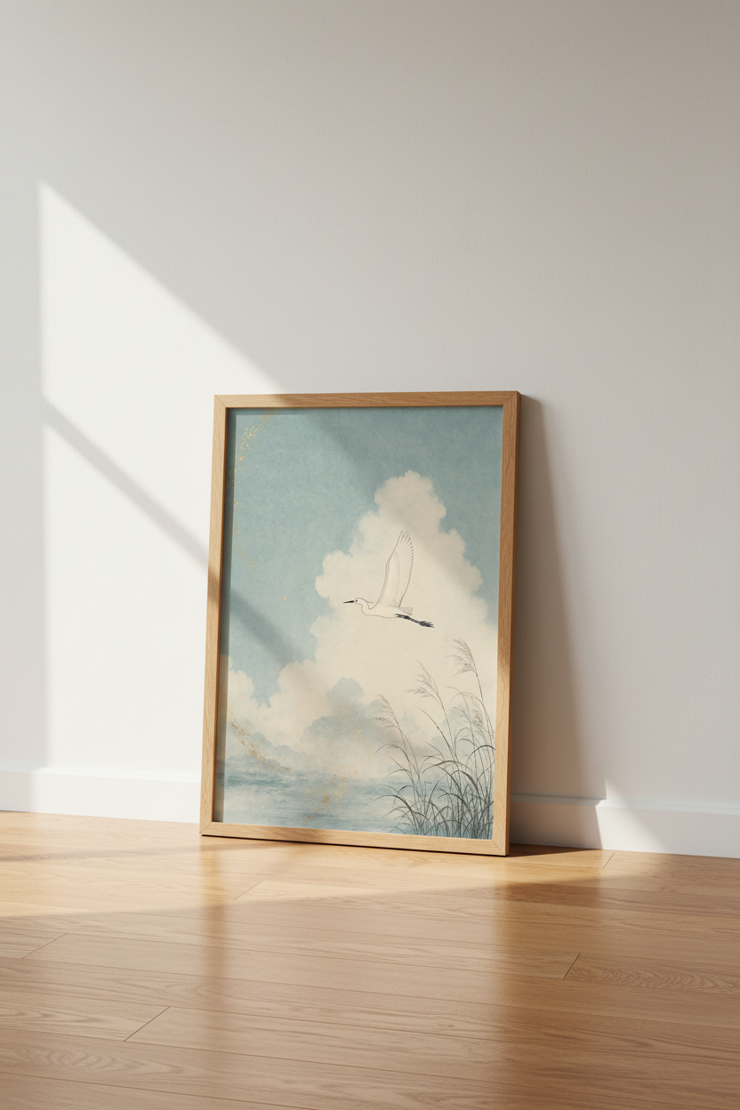 Flying Egret Bird Wall Art | Blue and Gold Japanese Style | Zen Home Decor Poster