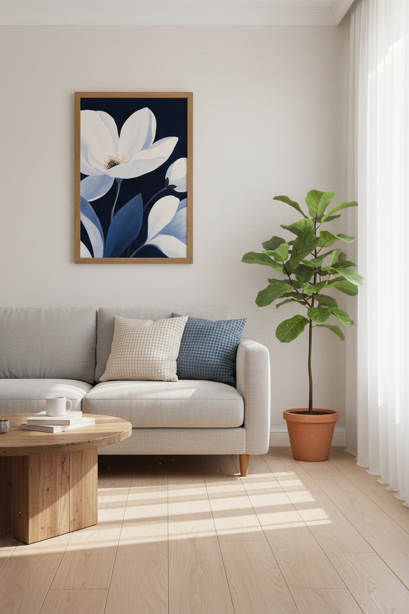 Blue floral wall art | Indigo toned botanical poster, Living Room Decor