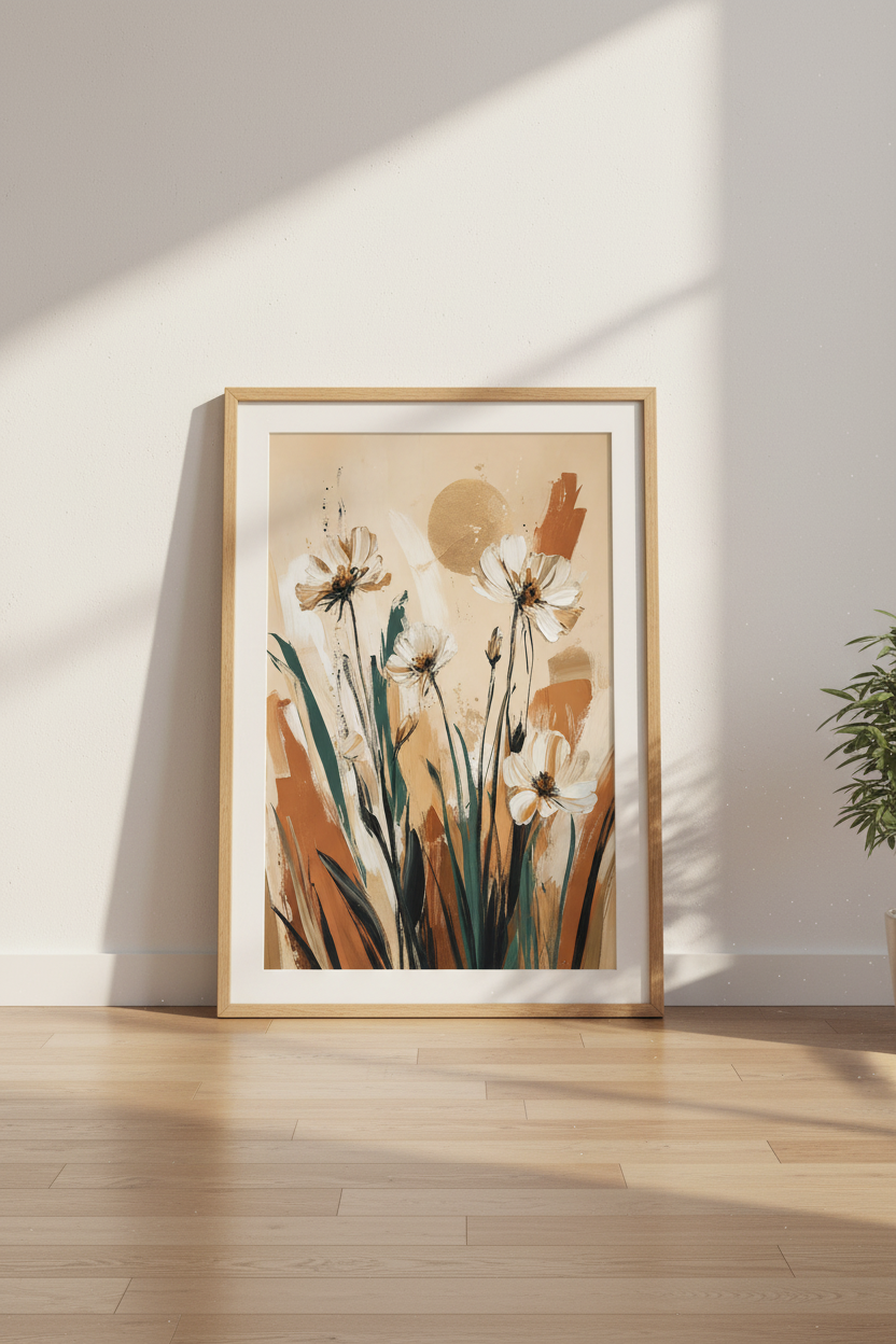 Abstract Floral Wall Art | Earthy Terracotta & Gold Flowers, Boho Living Room Decor