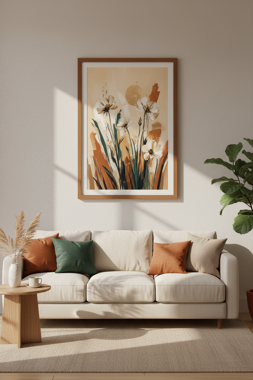 Abstract Floral Wall Art | Earthy Terracotta & Gold Flowers, Boho Living Room Decor