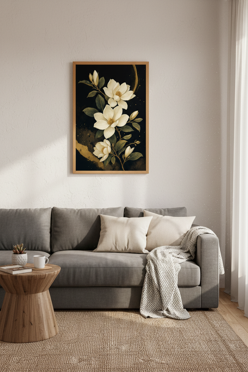 Magnolia Flower Wall Art | Black and Gold Botanical Print, Moody Bedroom Decor