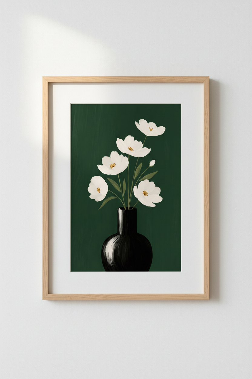 Floral Wall Art | Modern Minimalist White & Emerald Green | Living Room Decor