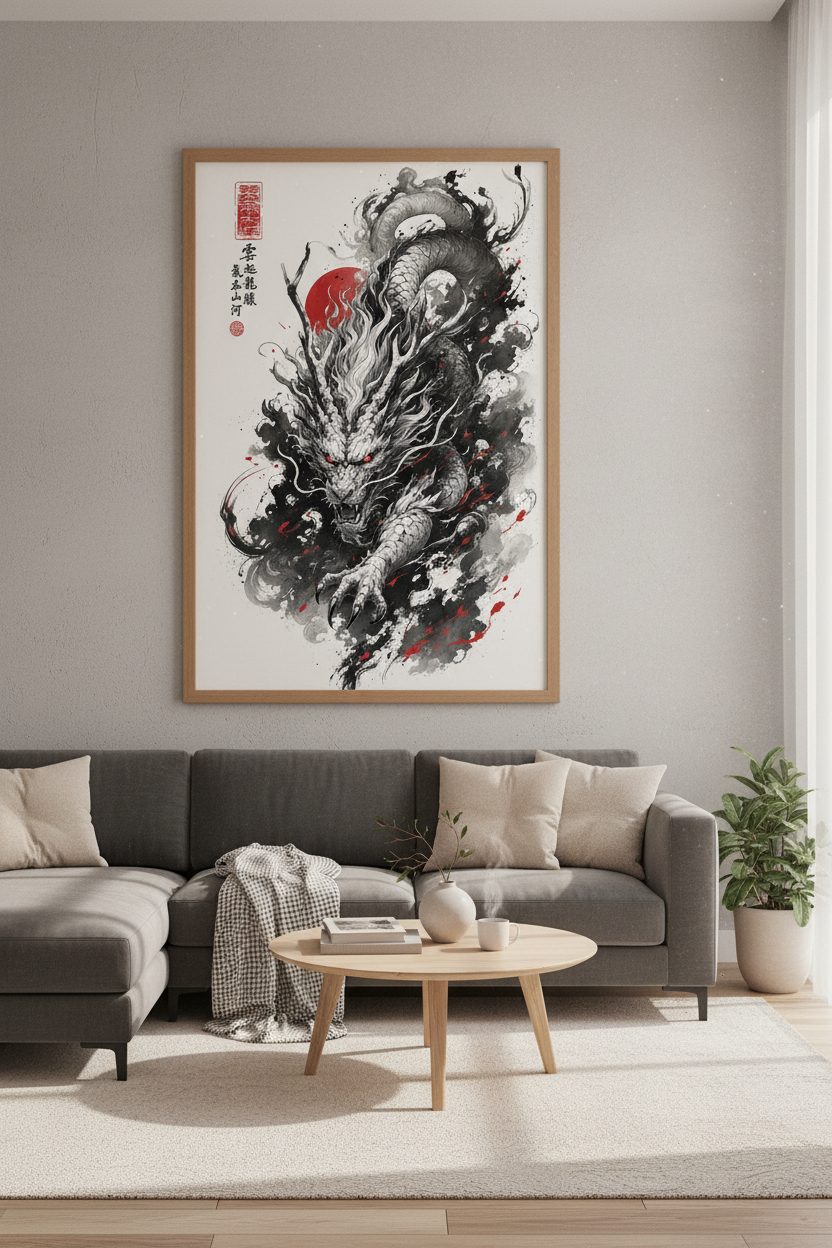 Japanese Dragon Ink Wash Wall Art | Red Sun Black White Poster, Gaming Decor