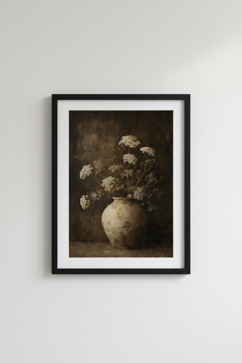 Moody Floral Still Life | Dark Earth Tones, Rustic Botanical Wall Art Print