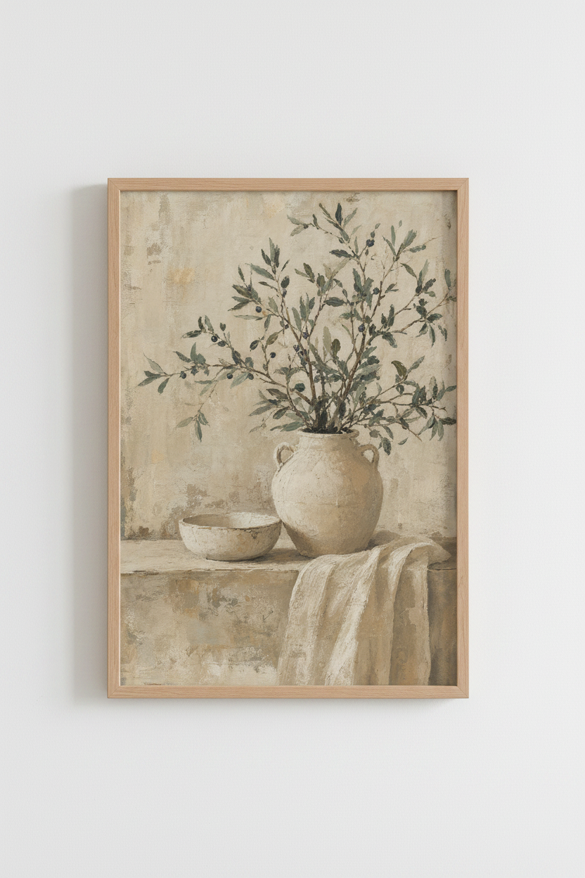 Olive Branch Still Life | Rustic Neutral Botanical, Mediterranean Kitchen Wall Art Print