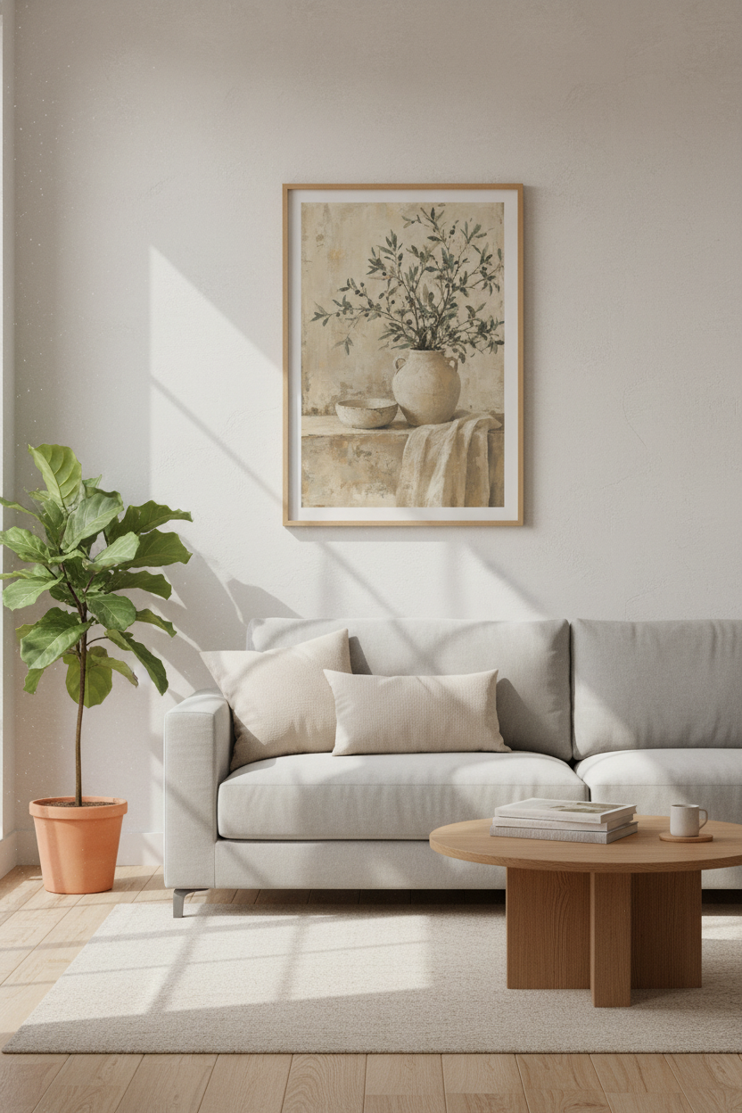 Olive Branch Still Life | Rustic Neutral Botanical, Mediterranean Kitchen Wall Art Print