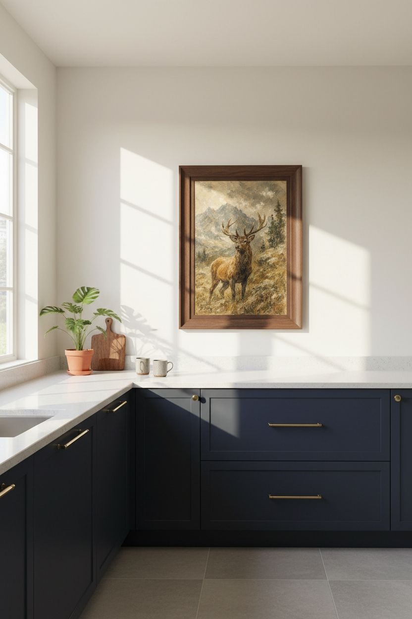 Deer Wall Art Print | Rustic Mountain Scene, Oil Painting Style | Living Room Decor