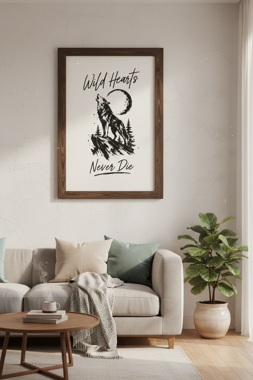 Wild Hearts Never Die Wolf Wall Art | Black and White Nature Decor | Howling Moon Poster