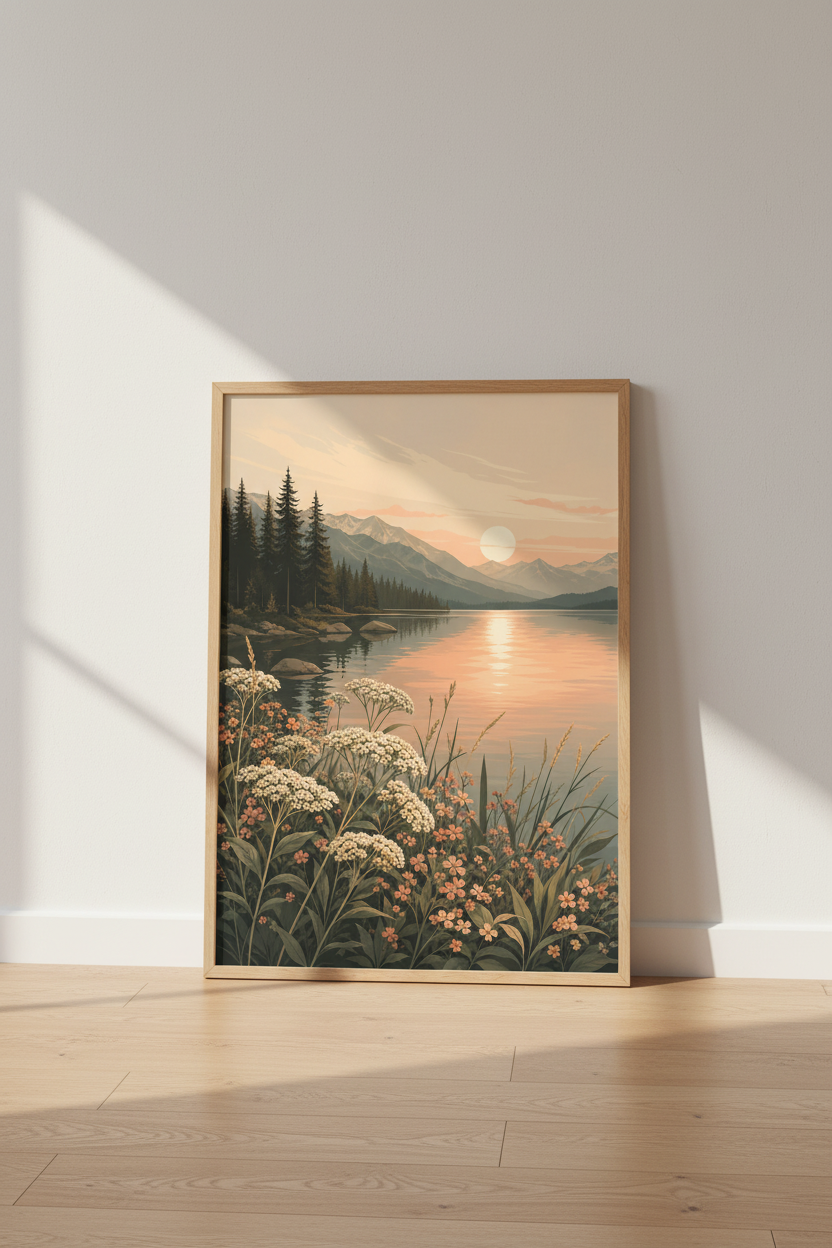 Mountain Lake Sunset Wall Art | Wildflower Landscape Poster | Serene Nature Decor